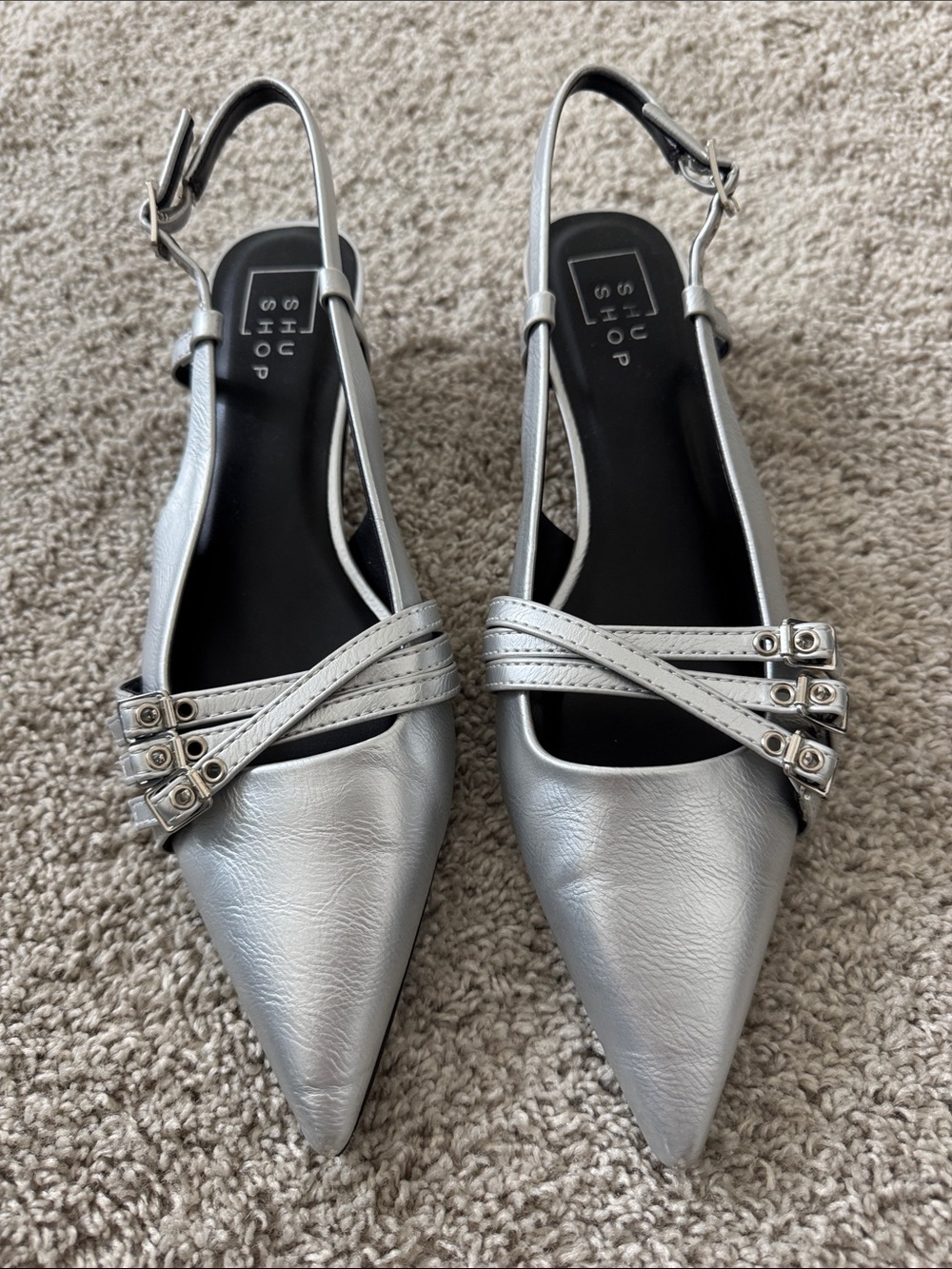 ShuShop Silver Pointed Slingback Flats with Triple Strap Detail